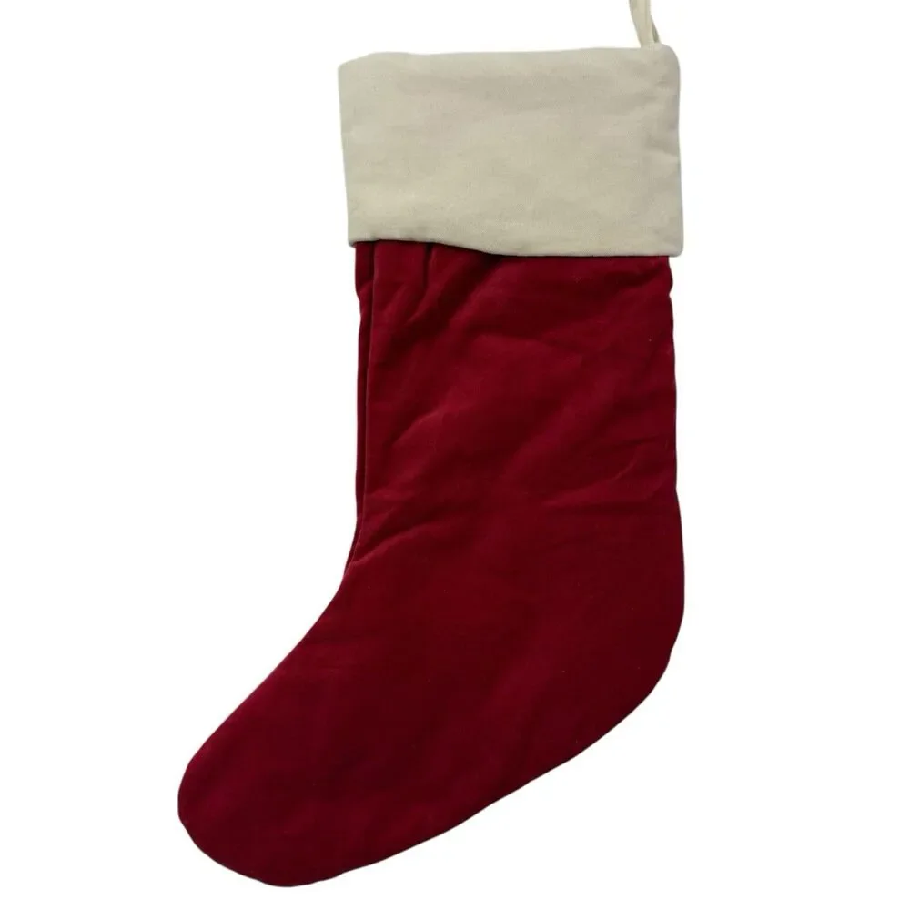 Lot of 2 Pottery Barn Red Velvet Christmas Stocking Embroidered Crewel Snowflake